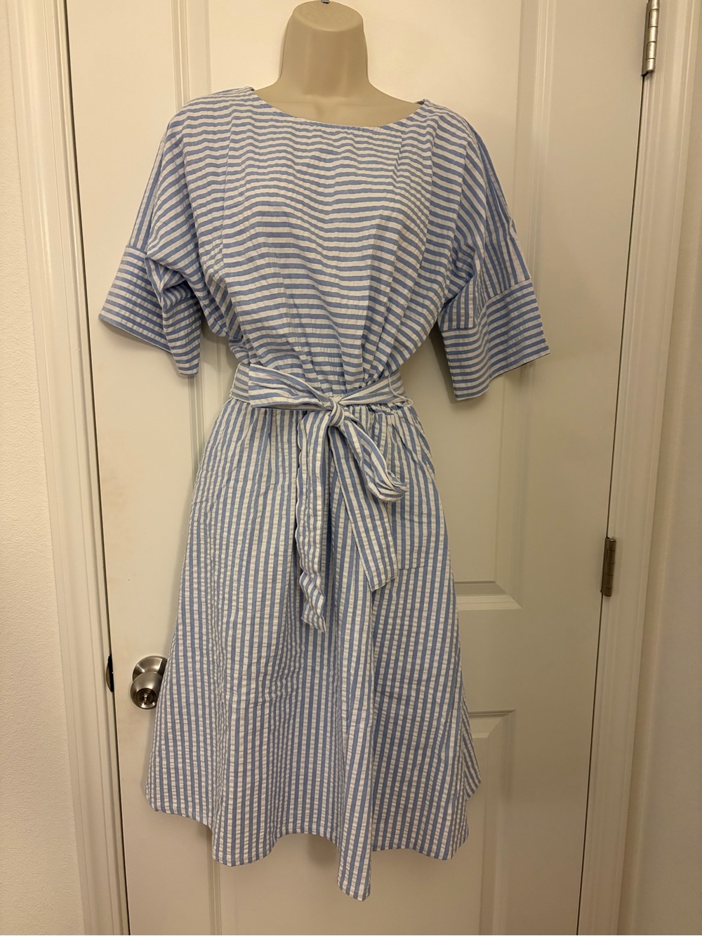 Love in Light Blue & White Striped Tie-Waist Midi Dress